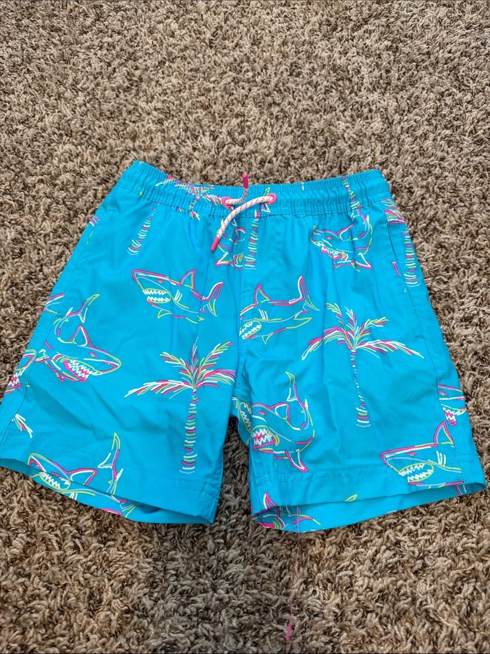 Kids' Turquoise Shark-Print Swim Trunks